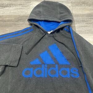 Adidas Gray Blue Mens M 3-Stripes Spell‎ Out Fleece Pullover Sweatshirt Hoodie